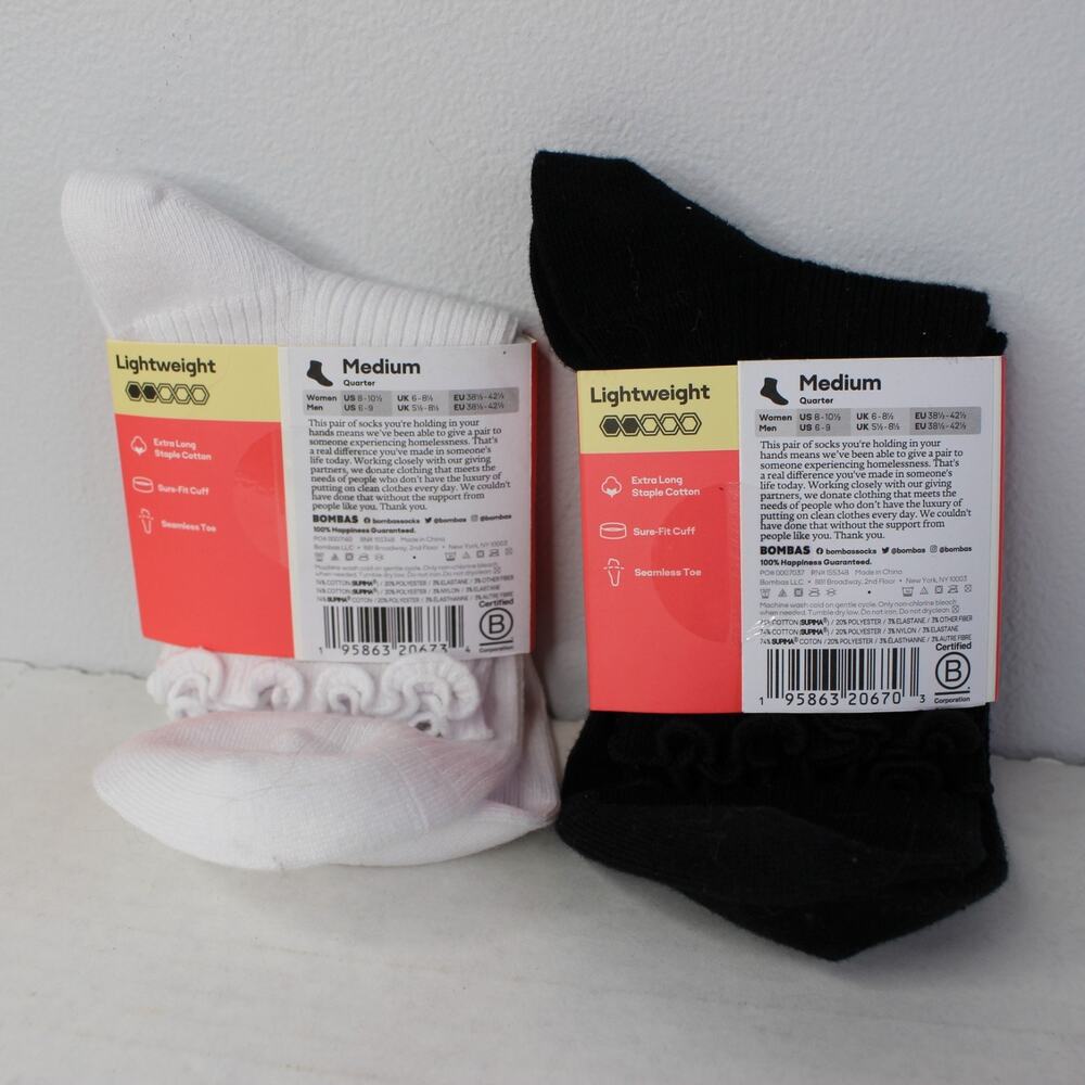 SET OF 2- Bombas Unisex Lightweight Seamless Toe Quarter Socks White Medium NWT - Picture 2 of 4
